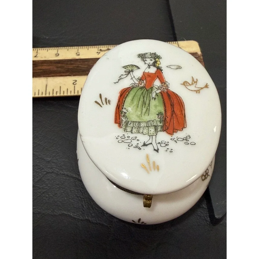 Japan Porcelain Hinged Trinket Box Hand Painted Victorian Crinoline Lady Fan VTG
